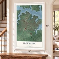 Edgewater, Maryland map, 24 x 36 inch print in a white frame by a staircase