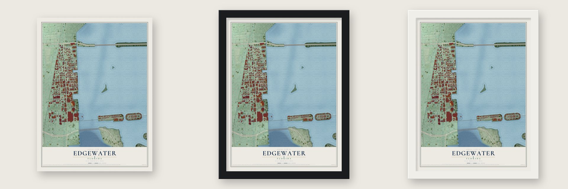 Edgewater, Miami, Florida map unframed, in a black wood frame and in a white wood frame