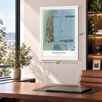Edgewater, Miami, Florida map, 18 x 24 inch print in a white frame in a home office