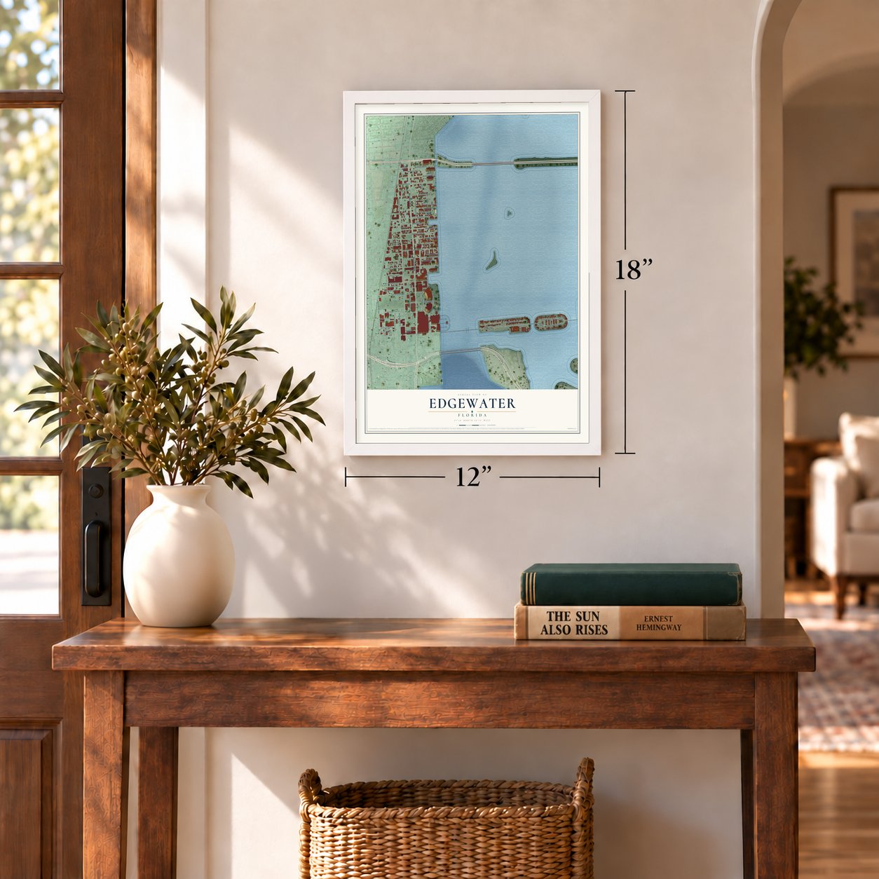 Edgewater, Miami, Florida map, 12 x 18 inch print in a white frame in an entryway