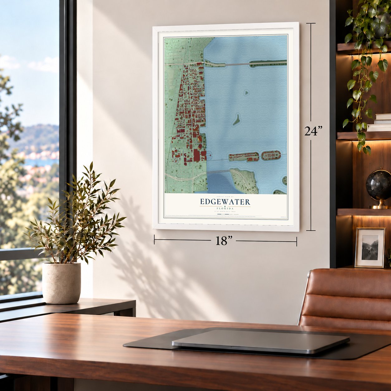 Edgewater, Miami, Florida map, 18 x 24 inch print in a white frame in a home office