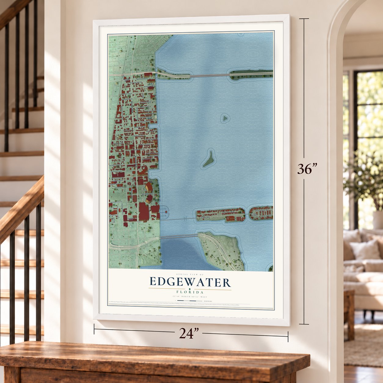Edgewater, Miami, Florida map, 24 x 36 inch print in a white frame by a staircase
