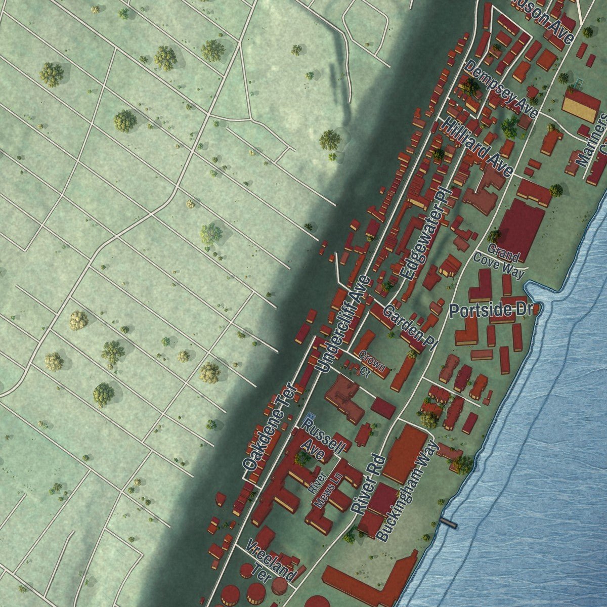 Second close-up of the map of Edgewater, New Jersey print showing more streets and buildings