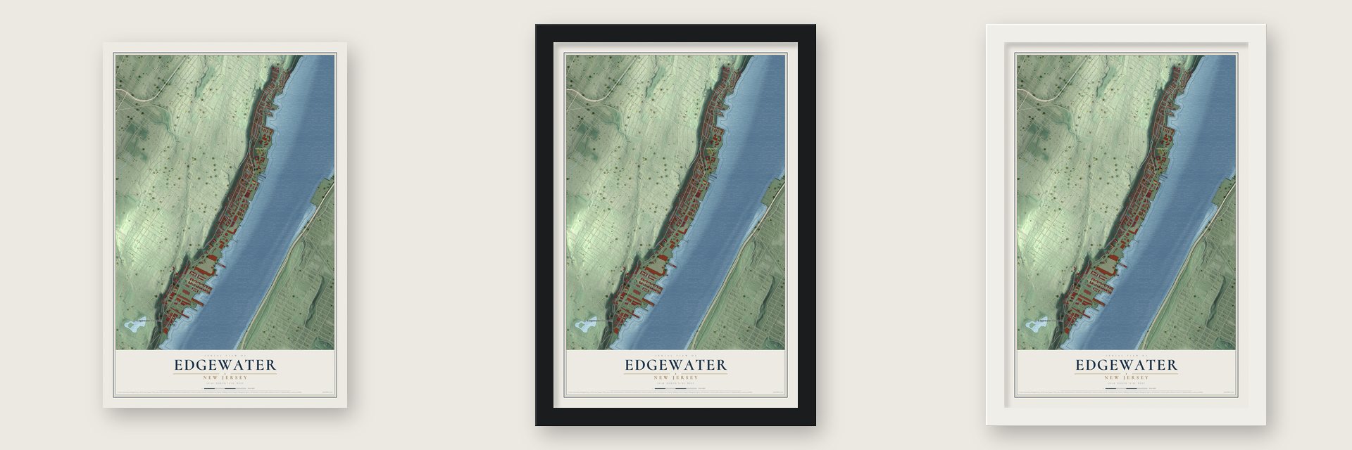 Edgewater, New Jersey map unframed, in a black wood frame and in a white wood frame