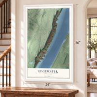 Edgewater, New Jersey map, 24 x 36 inch print in a white frame by a staircase