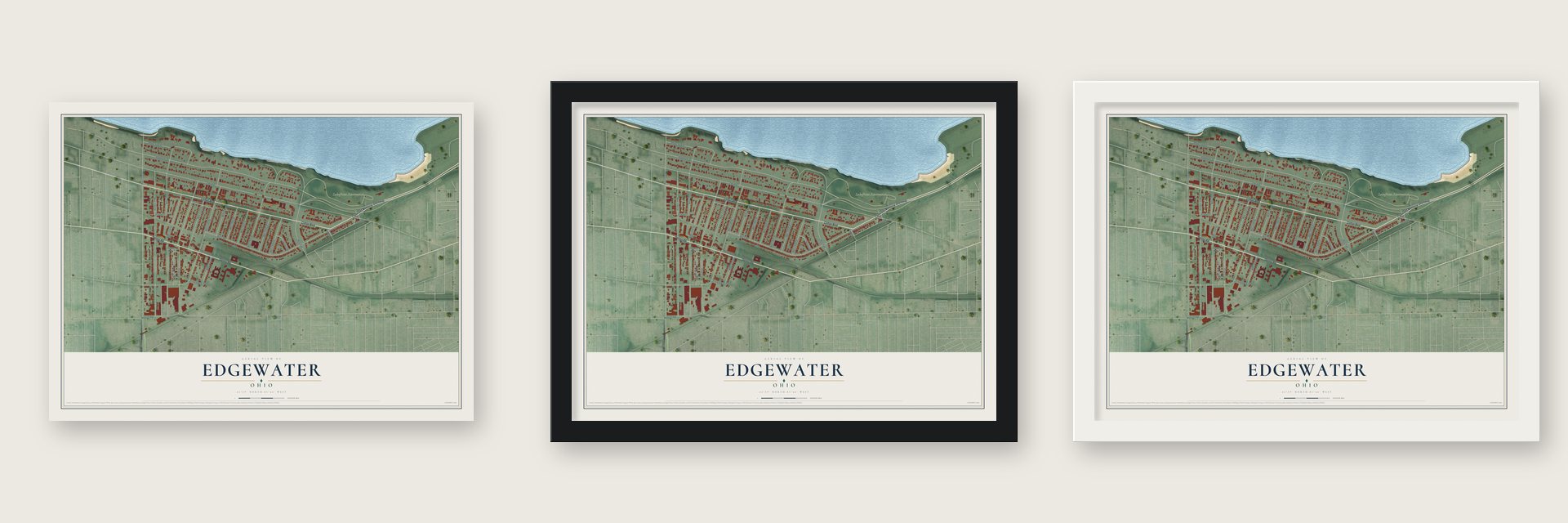 Edgewater, Ohio map unframed, in a black wood frame and in a white wood frame