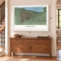 Edgewater, Ohio map, 24 x 36 inch print in a white frame above a dresser by a staircase