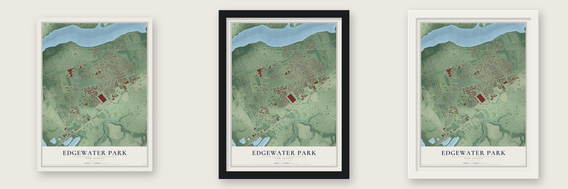 Edgewater Park, New Jersey map unframed, in a black wood frame and in a white wood frame