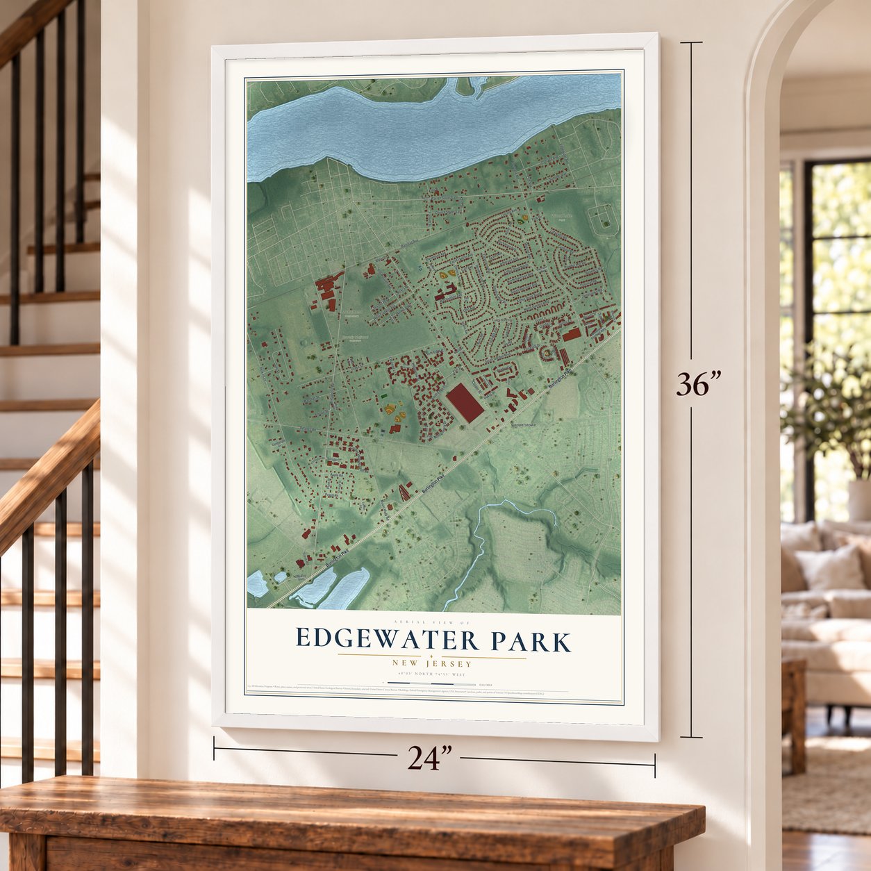 Edgewater Park, New Jersey map, 24 x 36 inch print in a white frame by a staircase