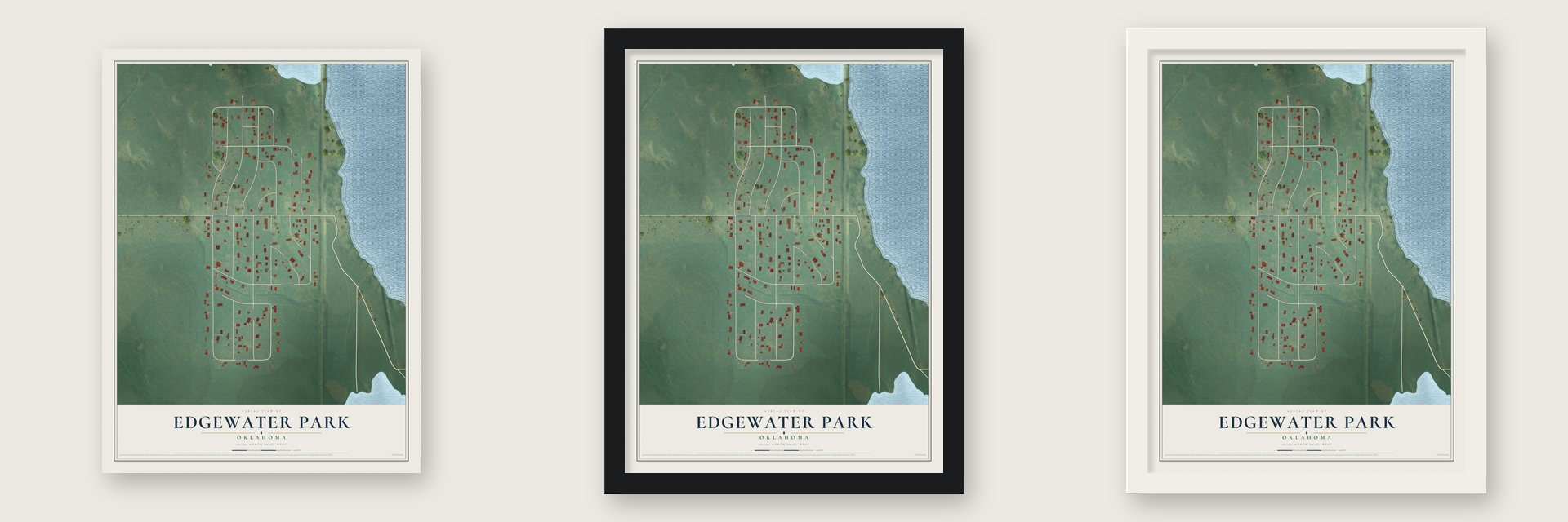 Edgewater Park, Oklahoma map unframed, in a black wood frame and in a white wood frame