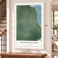 Edgewater Park, Oklahoma map, 24 x 36 inch print in a white frame by a staircase