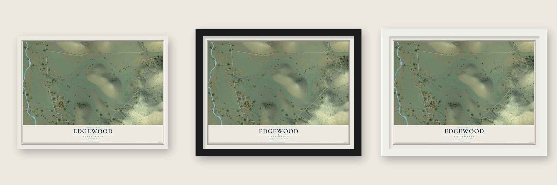 Edgewood, California map unframed, in a black wood frame and in a white wood frame