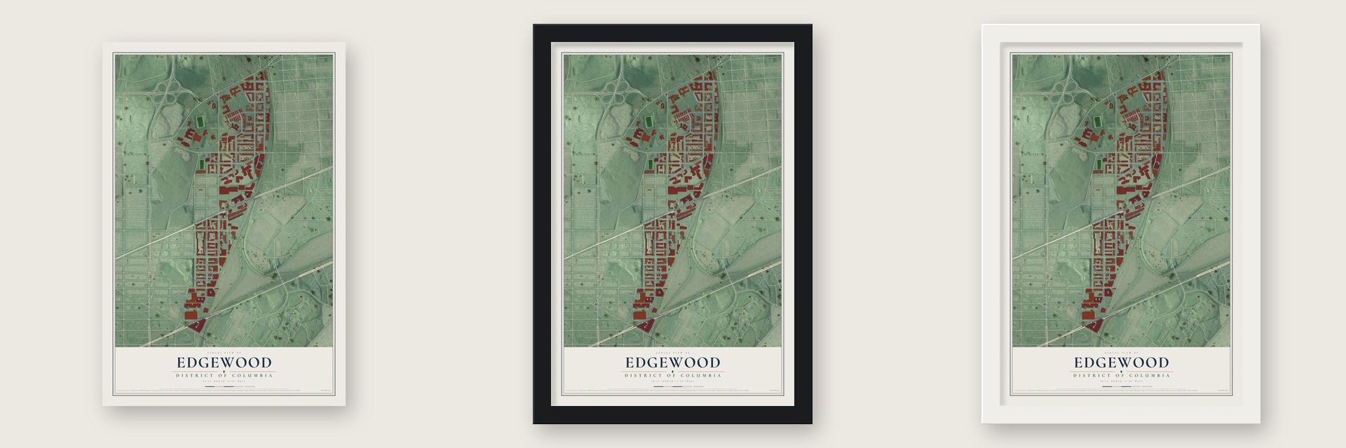 Edgewood, District of Columbia map unframed, in a black wood frame and in a white wood frame