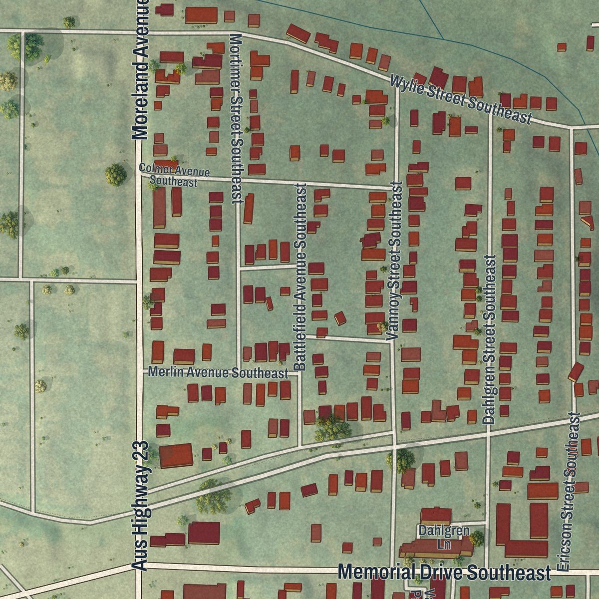 Second close-up of the map of Edgewood, Georgia print showing more streets and buildings