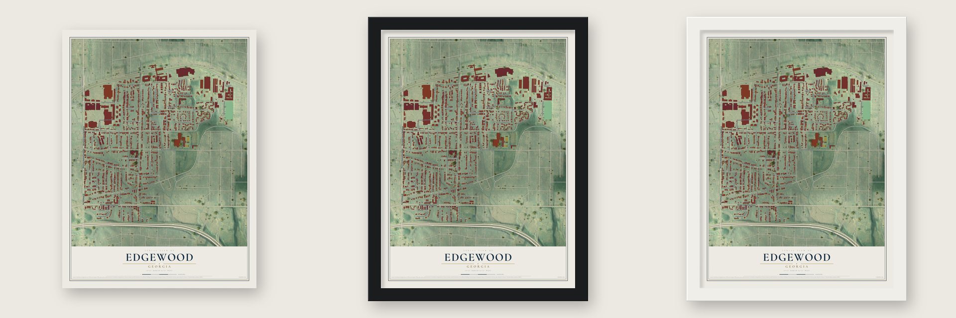 Edgewood, Georgia map unframed, in a black wood frame and in a white wood frame