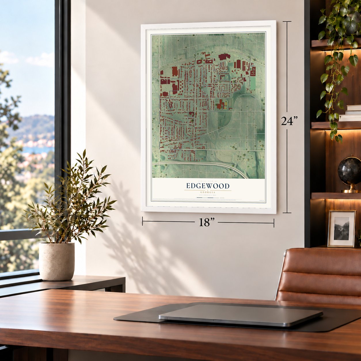 Edgewood, Georgia map, 18 x 24 inch print in a white frame in a home office