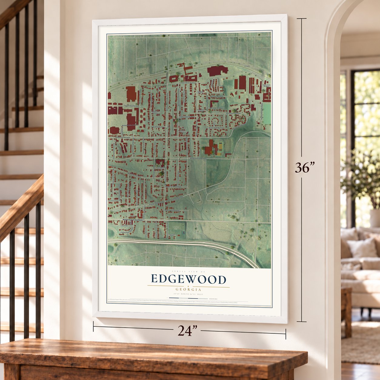 Edgewood, Georgia map, 24 x 36 inch print in a white frame by a staircase