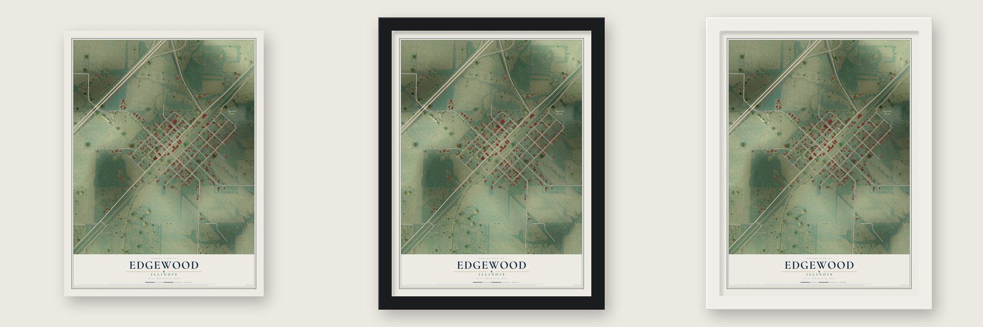 Edgewood, Illinois map unframed, in a black wood frame and in a white wood frame