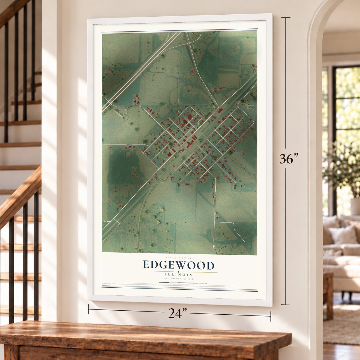 Edgewood, Illinois map, 24 x 36 inch print in a white frame by a staircase