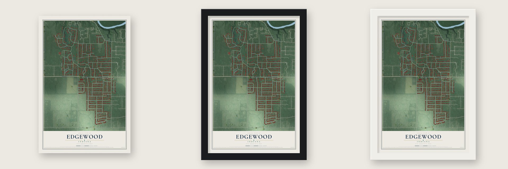 Edgewood, Indiana map unframed, in a black wood frame and in a white wood frame