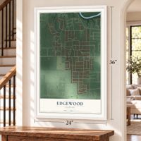 Edgewood, Indiana map, 24 x 36 inch print in a white frame by a staircase