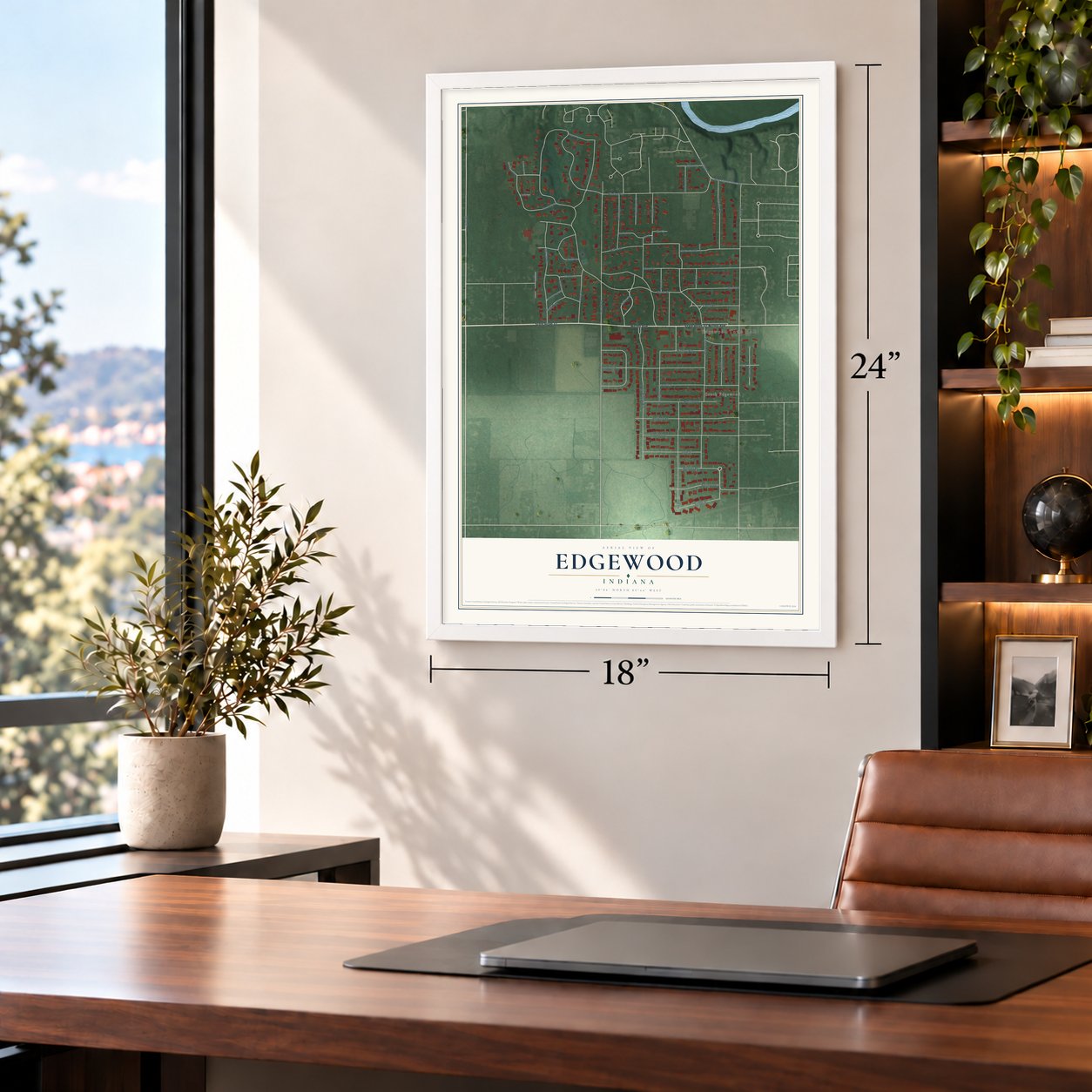 Edgewood, Indiana map, 18 x 24 inch print in a white frame in a home office