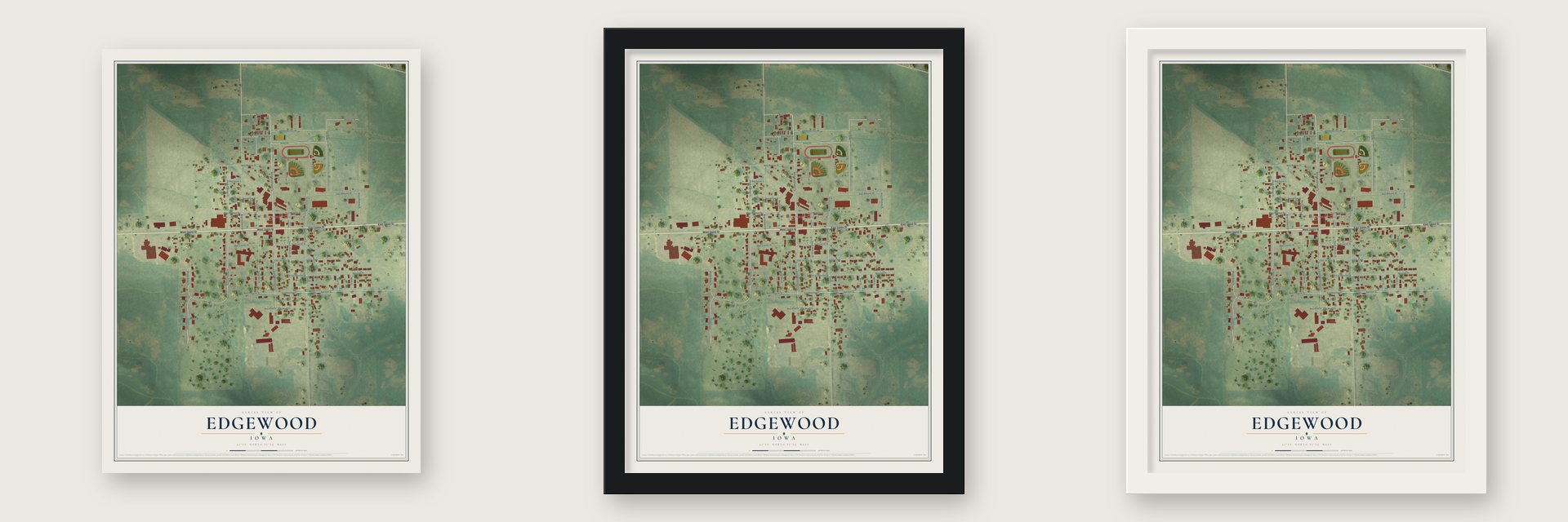 Edgewood, Iowa map unframed, in a black wood frame and in a white wood frame