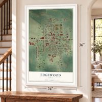 Edgewood, Iowa map, 24 x 36 inch print in a white frame by a staircase