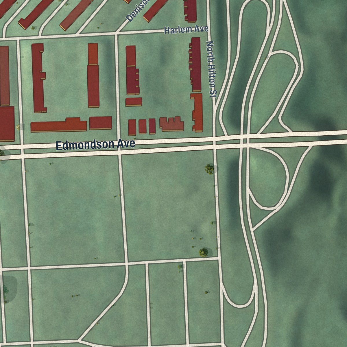 Second close-up of the map of Edgewood, Maryland print showing more streets and buildings