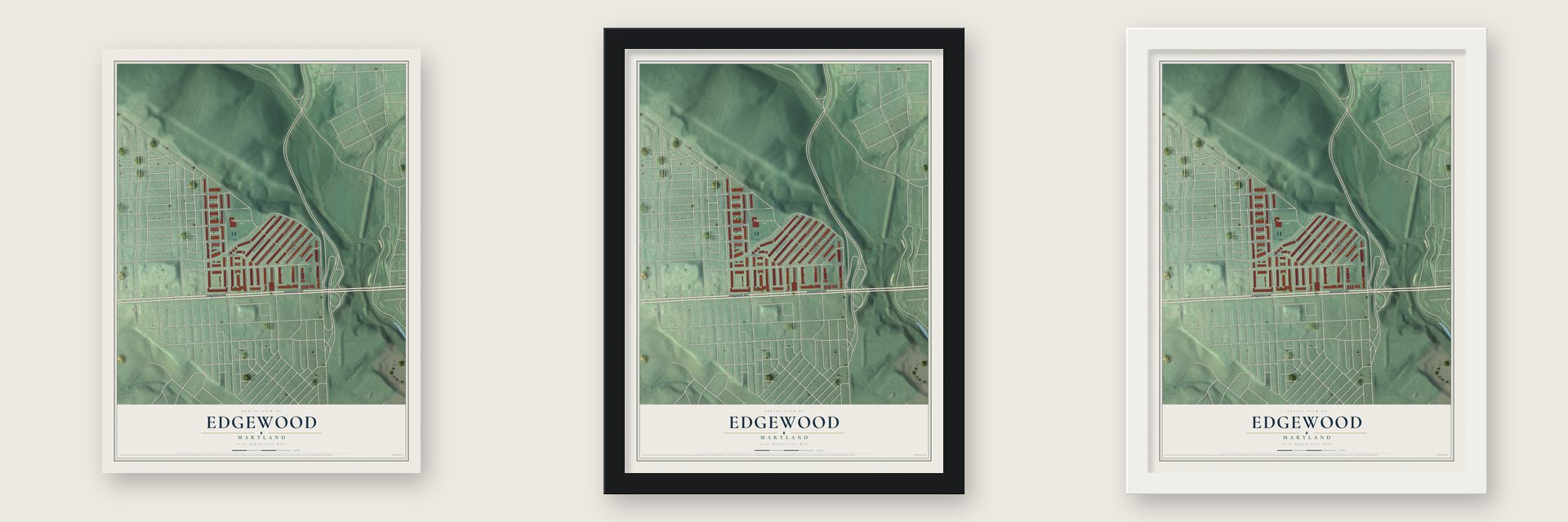 Edgewood, Maryland map unframed, in a black wood frame and in a white wood frame