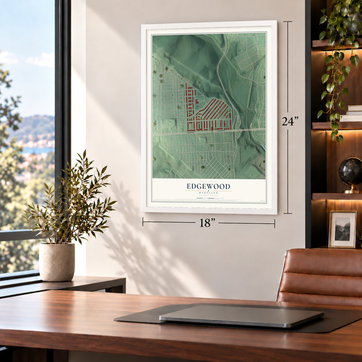 Edgewood, Maryland map, 18 x 24 inch print in a white frame in a home office