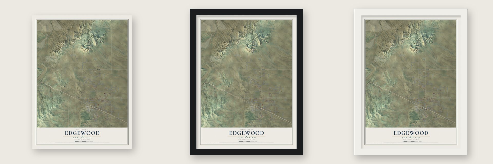 Edgewood, New Mexico map unframed, in a black wood frame and in a white wood frame