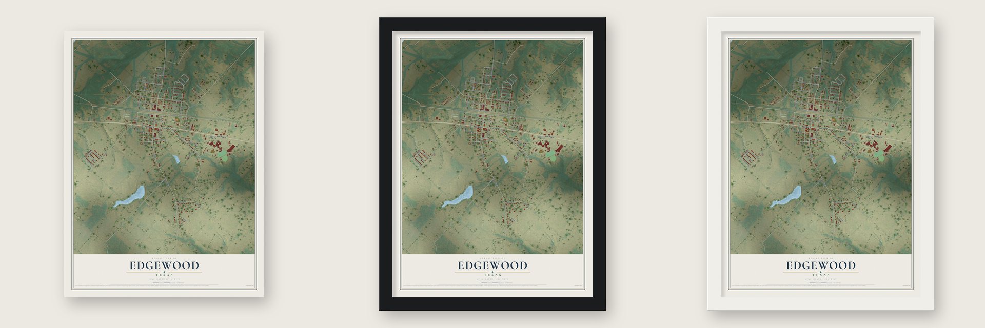 Edgewood, Texas map unframed, in a black wood frame and in a white wood frame