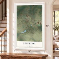 Edgewood, Texas map, 24 x 36 inch print in a white frame by a staircase