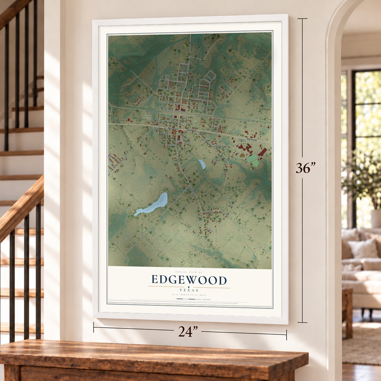 Edgewood, Texas map, 24 x 36 inch print in a white frame by a staircase