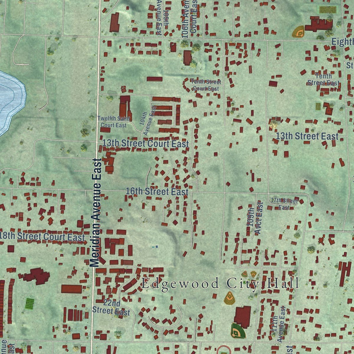 Second close-up of the map of Edgewood, Washington print showing more streets and buildings