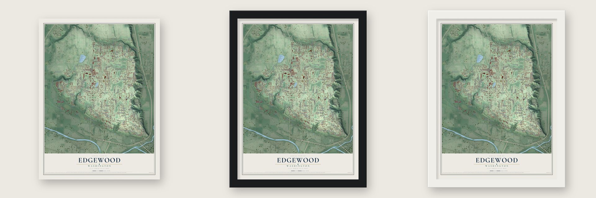 Edgewood, Washington map unframed, in a black wood frame and in a white wood frame
