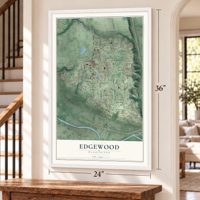 Edgewood, Washington map, 24 x 36 inch print in a white frame by a staircase