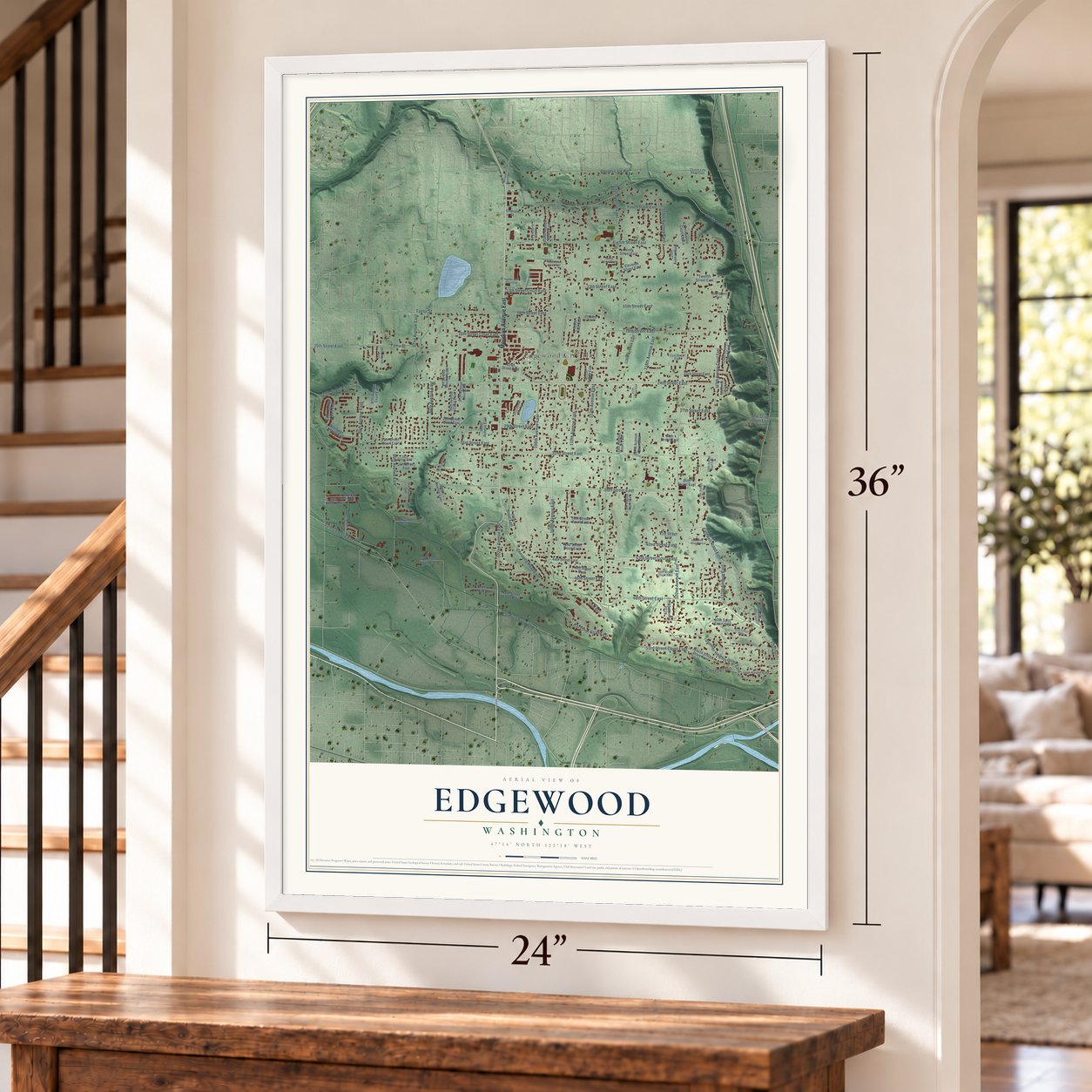 Edgewood, Washington map, 24 x 36 inch print in a white frame by a staircase