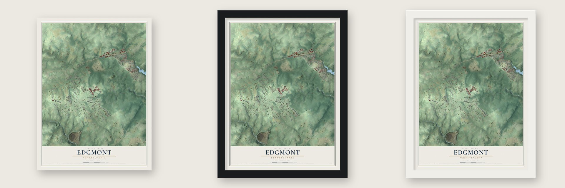 Edgmont, Pennsylvania map unframed, in a black wood frame and in a white wood frame