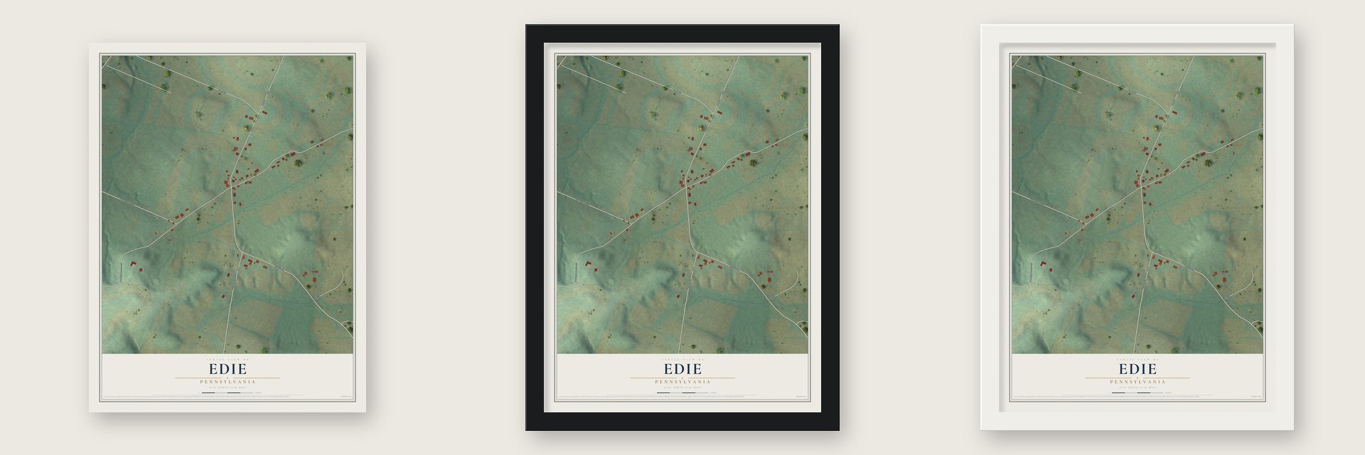 Edie, Pennsylvania map unframed, in a black wood frame and in a white wood frame