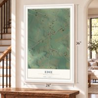 Edie, Pennsylvania map, 24 x 36 inch print in a white frame by a staircase
