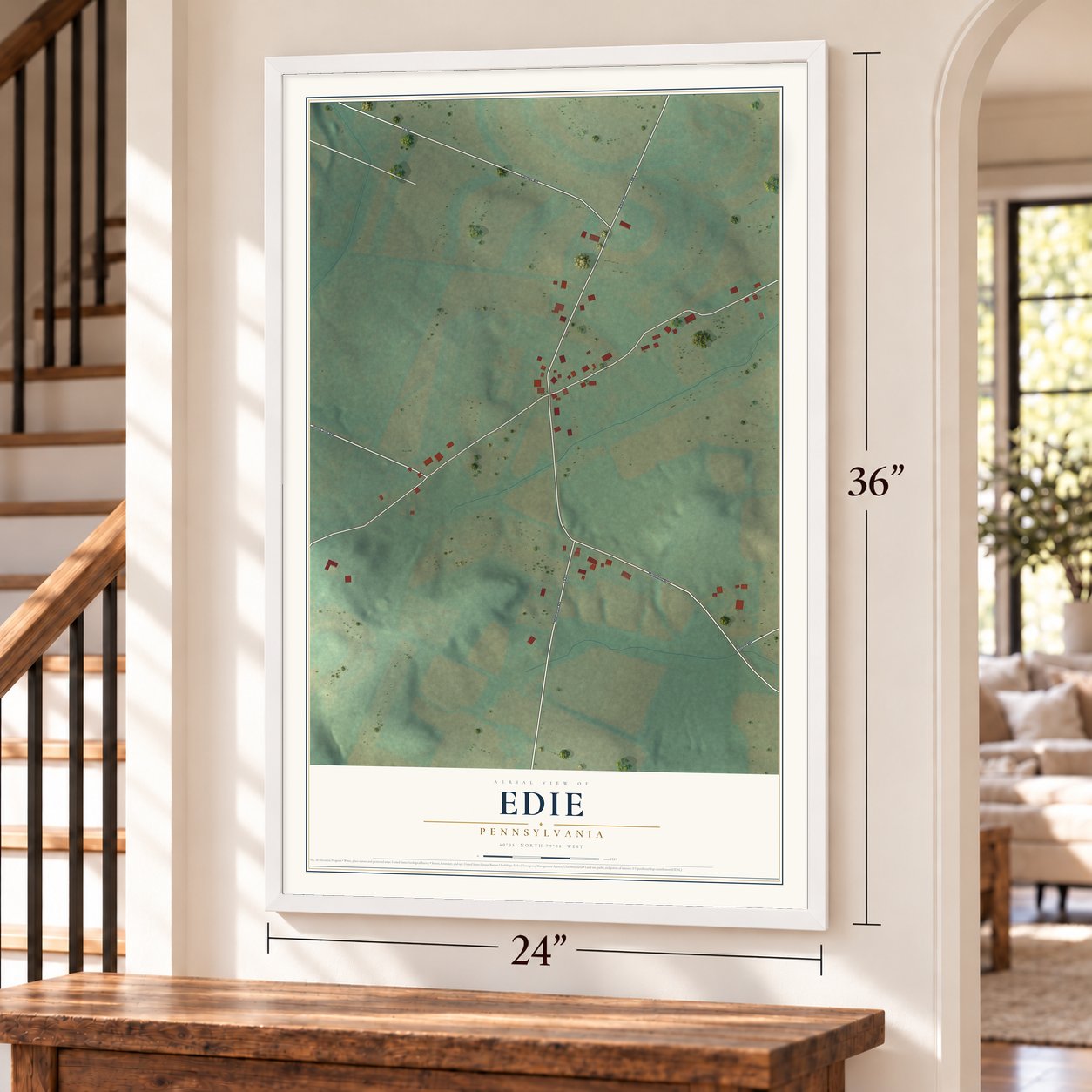 Edie, Pennsylvania map, 24 x 36 inch print in a white frame by a staircase