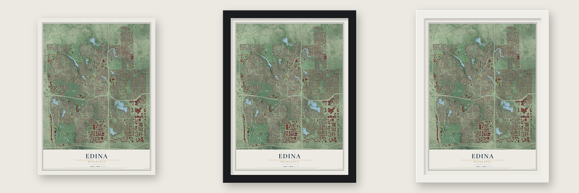 Edina, Minnesota map unframed, in a black wood frame and in a white wood frame