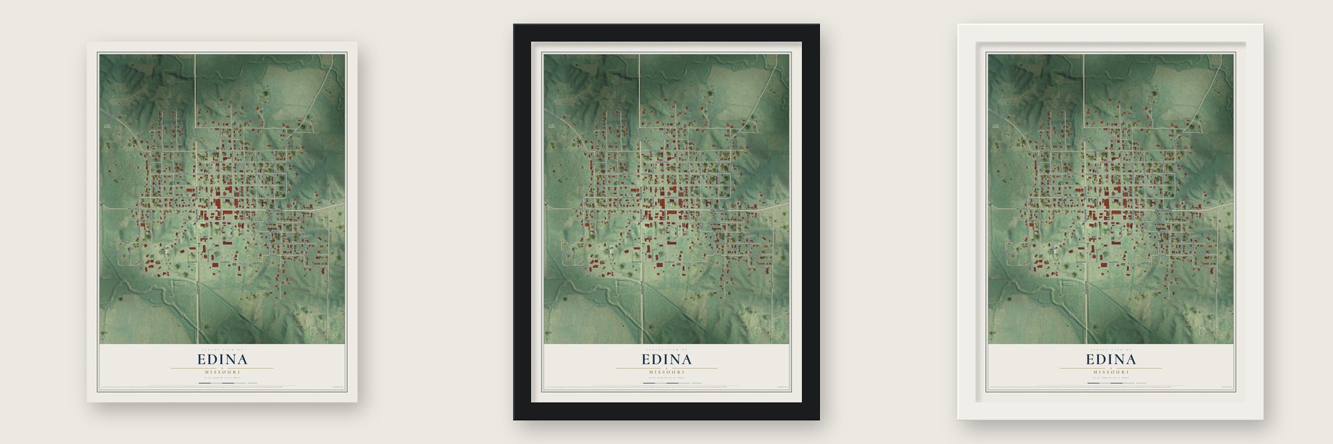 Edina, Missouri map unframed, in a black wood frame and in a white wood frame
