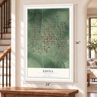Edina, Missouri map, 24 x 36 inch print in a white frame by a staircase