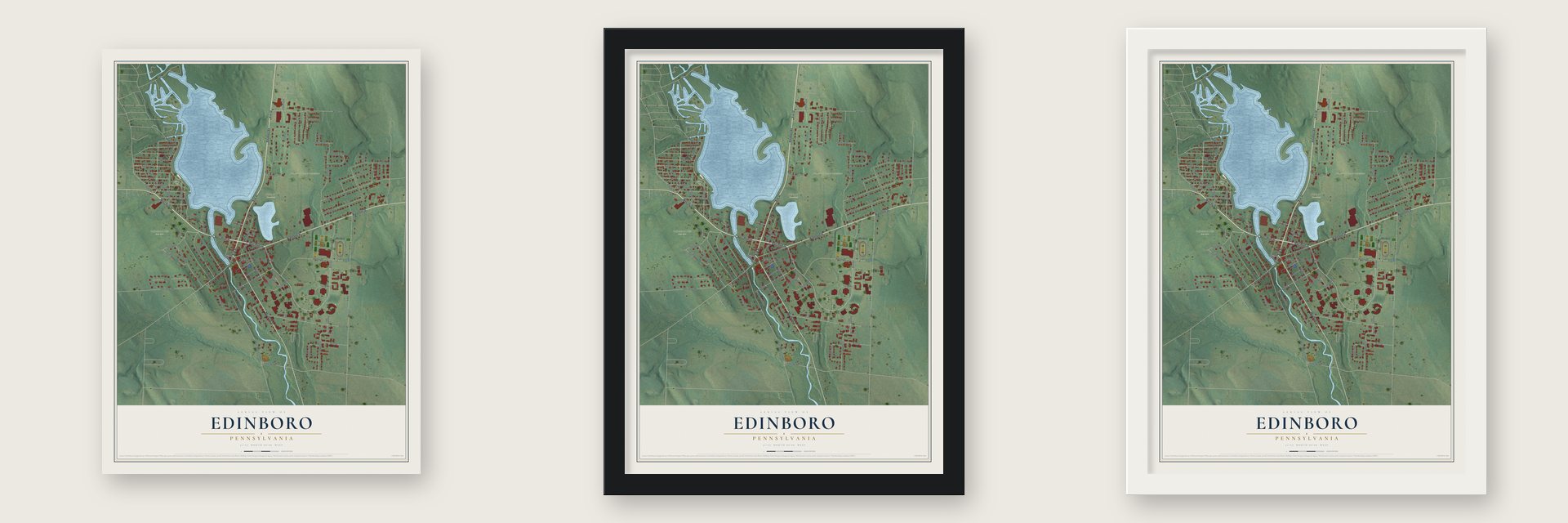 Edinboro, Pennsylvania map unframed, in a black wood frame and in a white wood frame