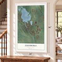Edinboro, Pennsylvania map, 24 x 36 inch print in a white frame by a staircase