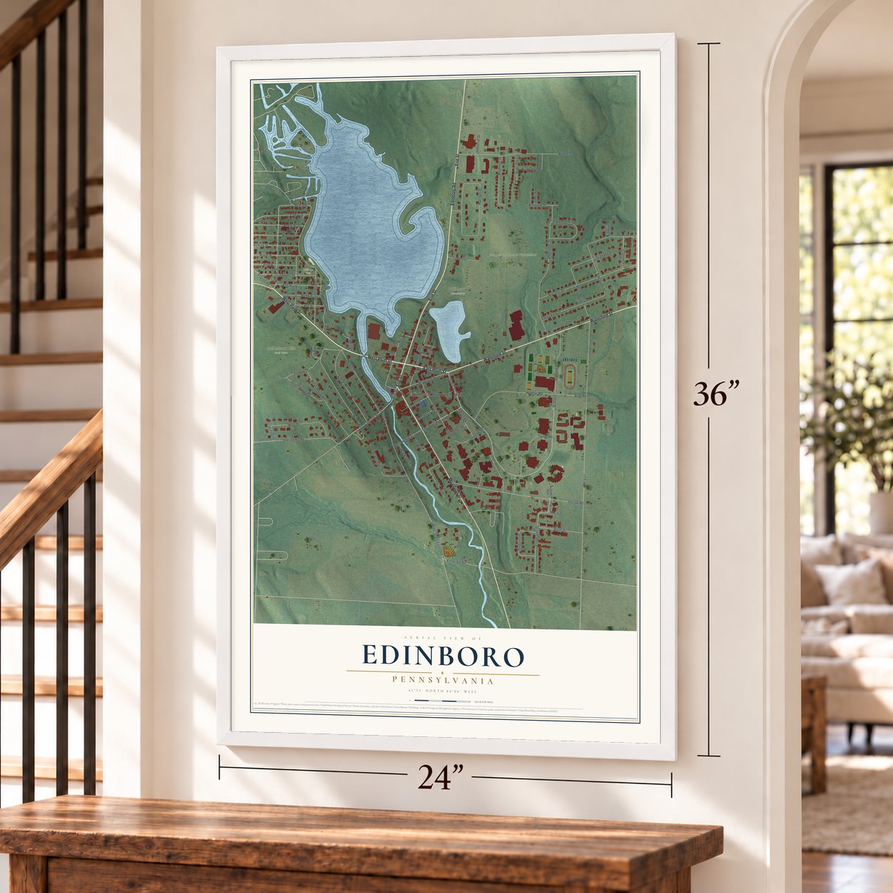 Edinboro, Pennsylvania map, 24 x 36 inch print in a white frame by a staircase