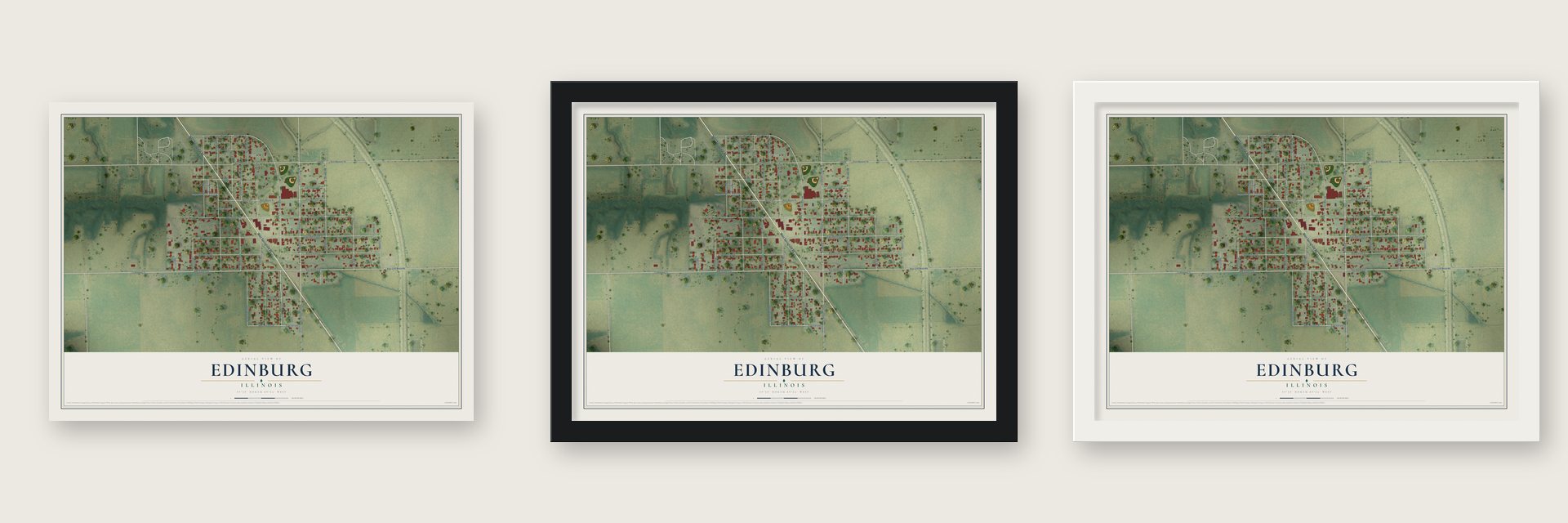 Edinburg, Illinois map unframed, in a black wood frame and in a white wood frame